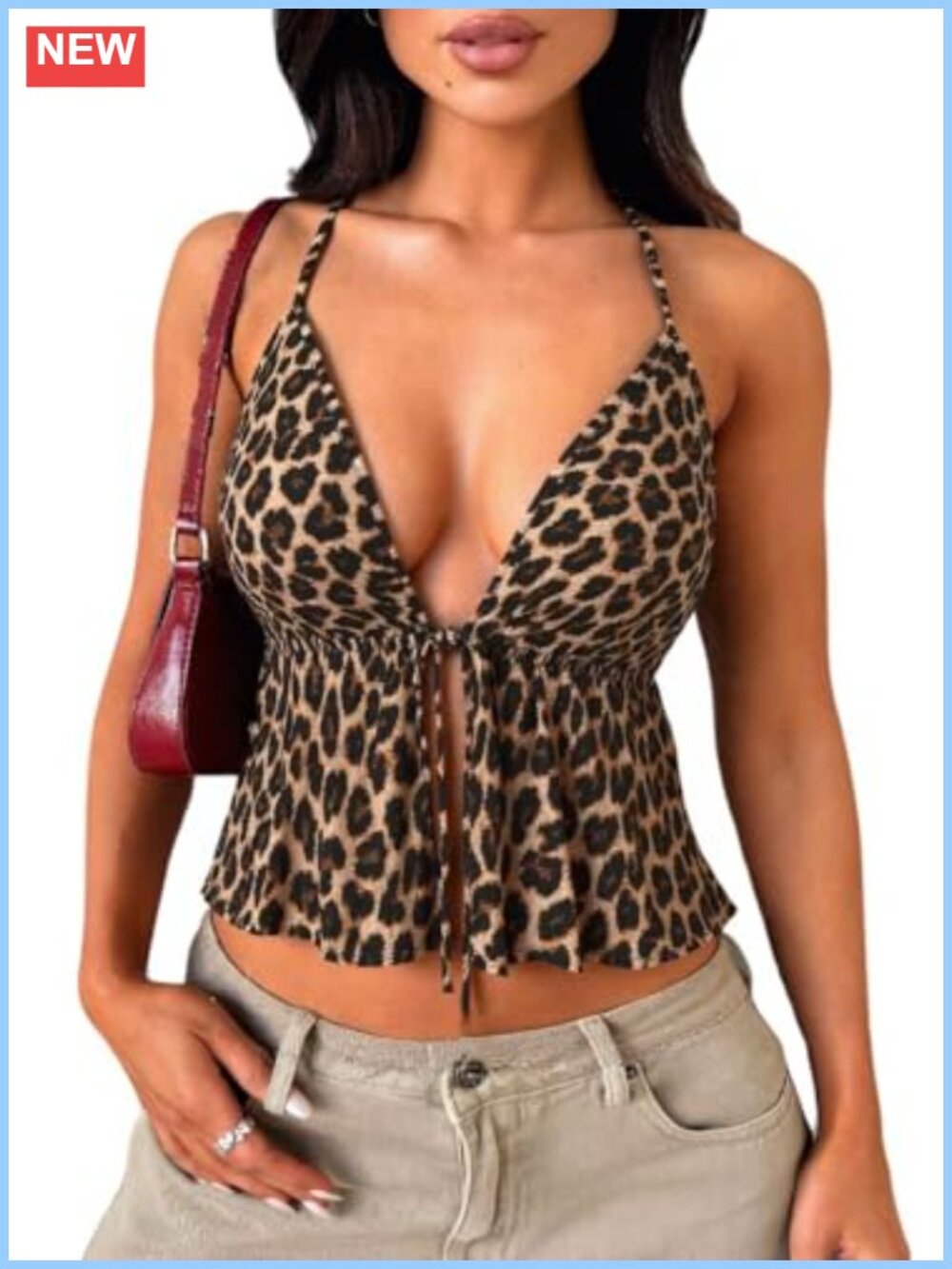 Slim Fit Leopard Print Halter Crop Top Tie Front Backless Ruffle Summer Y2K